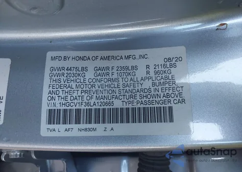 2020 Honda Accord Sport from USA, damaged, VIN 1HGCV1F36LA120665